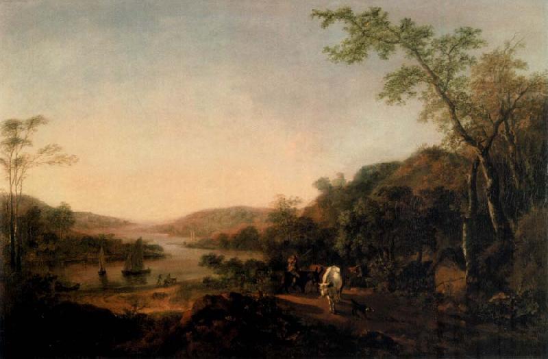 Thomas Gainsborough An Extensive River Landscape with Cattle and a Drover and Sailing Boats in the distance oil painting picture